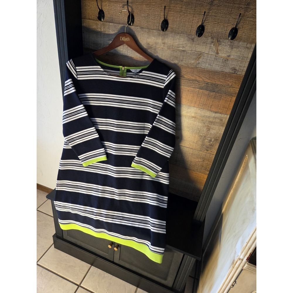 Crown & Ivy XL navy white green striped knit shift dress boat neck 3/4 zip